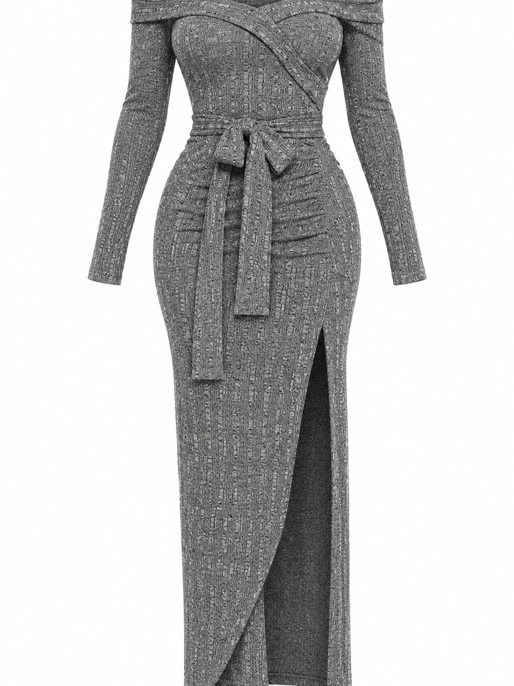 Off-Shoulder Long Sleeve Gray Ribbed Knit Dress with Side Slit | XL - Picture 1 of 2